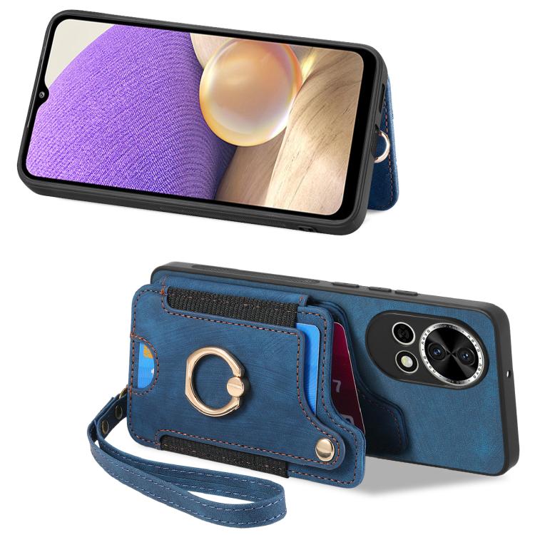Funda para Teléfono Huawei Nova 10 Se con Billetera MultiTarjeta, Diseño Retro, Piel Sintética y Anillo (Azul)