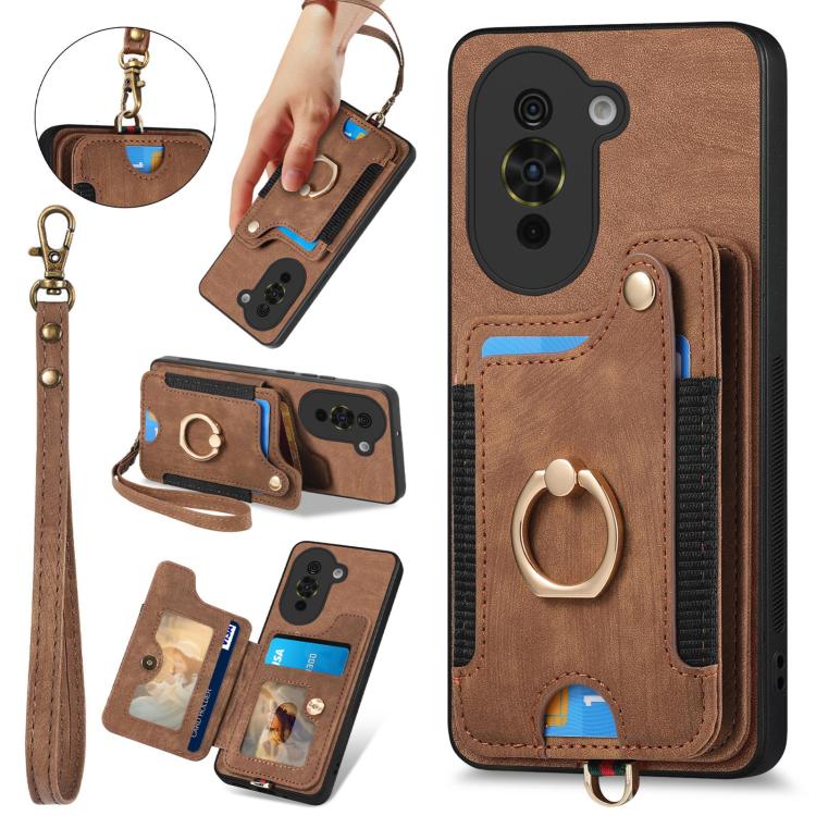 Funda para Teléfono Huawei Nova 10 con Billetera MultiTarjeta, Anillo y Diseño Retro (Marrón)