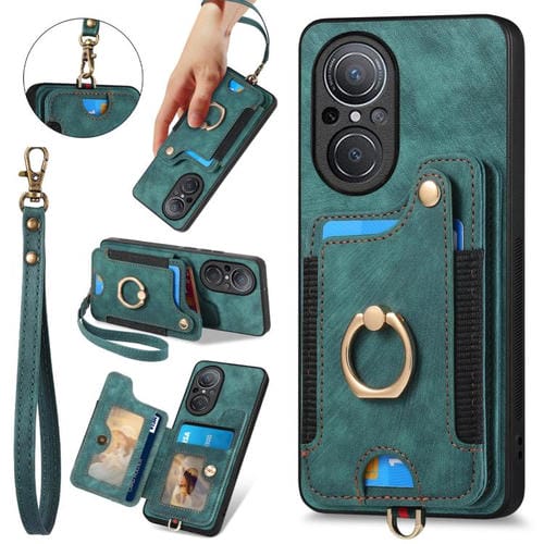 Funda para Teléfono Huawei Nova 9 Se con Billetera MultiTarjeta y Anillo (Verde)