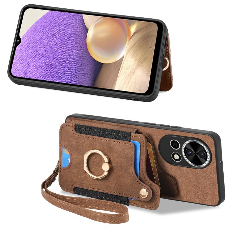 Funda para Teléfono Huawei Nova Y70 Y70+ con Billetera MultiTarjeta, Diseño Retro y Anillo (Marrón)