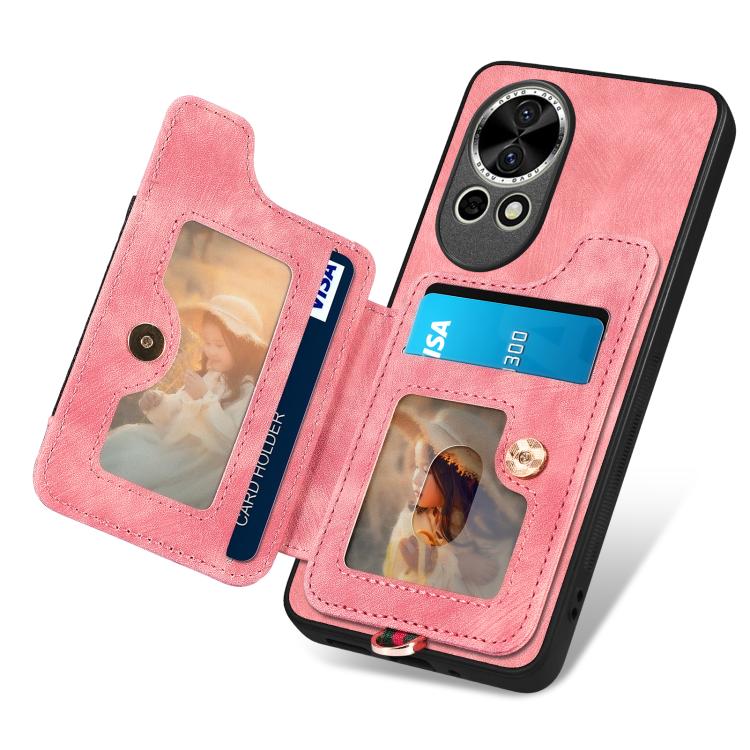 Funda para Teléfono Huawei Nova Y70/Y70+ con Billetera MultiTarjeta, Diseño Retro, Piel Sintética y Anillo (Rosa)