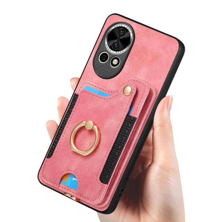 Funda para Teléfono Huawei Nova Y70/Y70+ con Billetera MultiTarjeta, Diseño Retro, Piel Sintética y Anillo (Rosa)