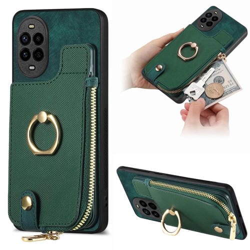 Funda para Teléfono Huawei Nova 13 Pro con Cremallera Vertical y Anillo de Cuero Cruzado (Verde)
