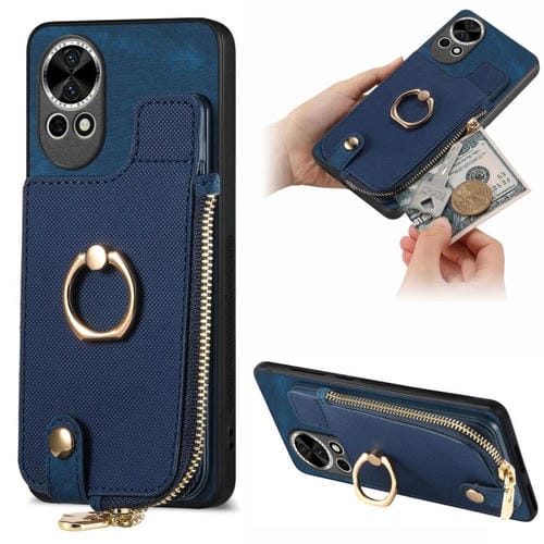 Funda para Teléfono Huawei Nova 13 con Cremallera Vertical y Anillo de Cuero Cruzado (Azul)