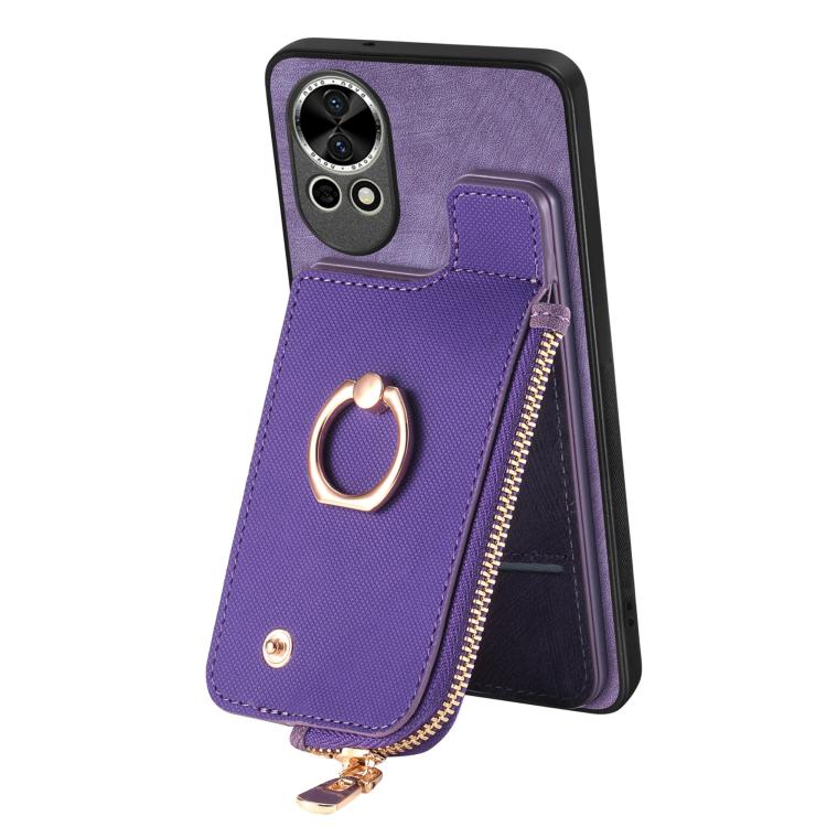 Funda para Teléfono Huawei Enjoy 70 con Cremallera Vertical y Anillo de Cuero Cruzado (Morado)