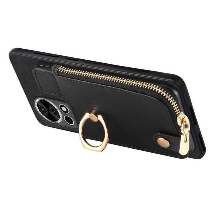 Funda para Teléfono Huawei Nova 12 con Cremallera Vertical y Anillo de Cuero Cruzado (Negro)