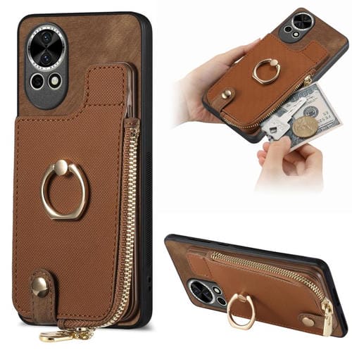 Funda para Teléfono Huawei Nova 12 con Cremallera Vertical y Anillo de Cuero Cruzado (Marrón)