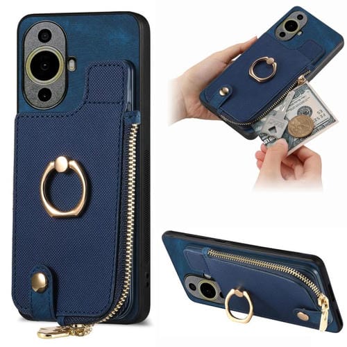 Funda para Teléfono Huawei Nova 11 con Cremallera Vertical y Anillo de Cuero Cruzado (Azul)