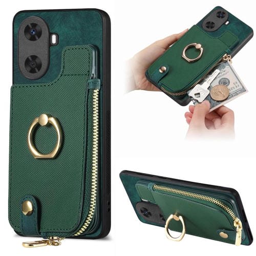 Funda para Teléfono Huawei Enjoy 60 con Cremallera Vertical y Anillo de Cuero Cruzado (Verde)