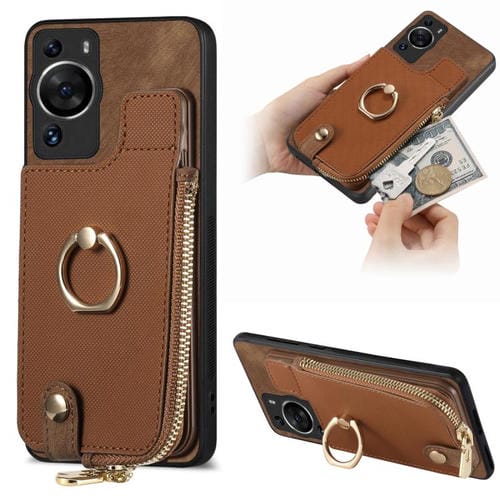 Funda para Teléfono Huawei P60 Pro con Cremallera Vertical y Anillo de Cuero Cruzado (Marrón)