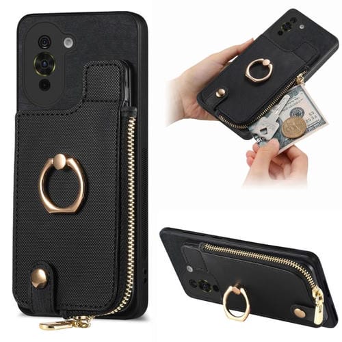 Funda para Teléfono Huawei Nova 10 con Cremallera Vertical y Anillo de Cuero (Negro)
