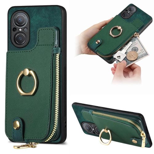 Funda para Teléfono Huawei Nova 9 Se con Cremallera Vertical y Anillo de Cuero Cruzado (Verde)