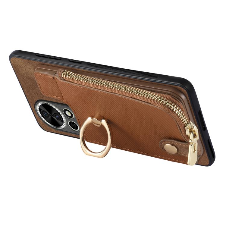 Funda para Teléfono Huawei Nova 9 con Cremallera Vertical y Anillo de Cuero Cruzado (Marrón)