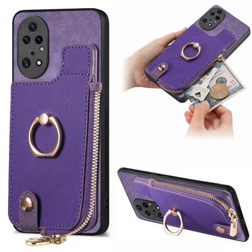 Funda para Teléfono Huawei P50 Pro con Cremallera Vertical y Anillo de Cuero Cruzado (Morado)