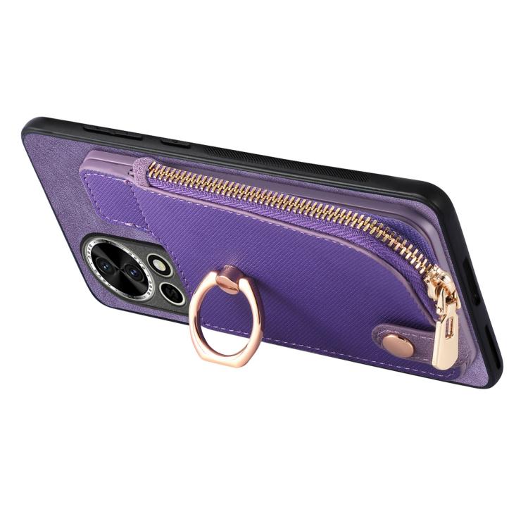 Funda para Teléfono Huawei Nova Y70/Y70+ con Cremallera Vertical y Anillo de Cuero Cruzado (Morado)