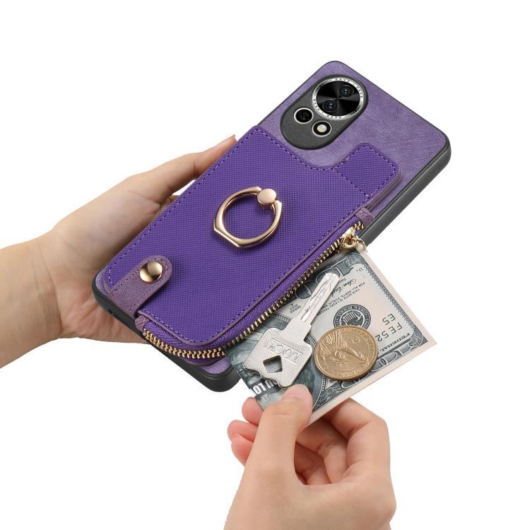 Funda para Teléfono Huawei Nova 11 con Cremallera Vertical y Anillo de Cuero Cruzado (Negro)