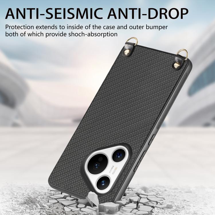 Funda de Cuero con Textura Fibra de Carbono para Huawei Pura 70 con Correa Cruzada (Negro)
