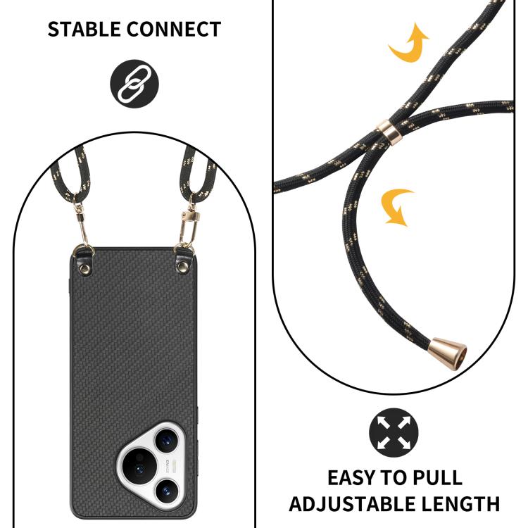 Funda de Cuero con Textura Fibra de Carbono para Huawei Pura 70 con Correa Cruzada (Negro)