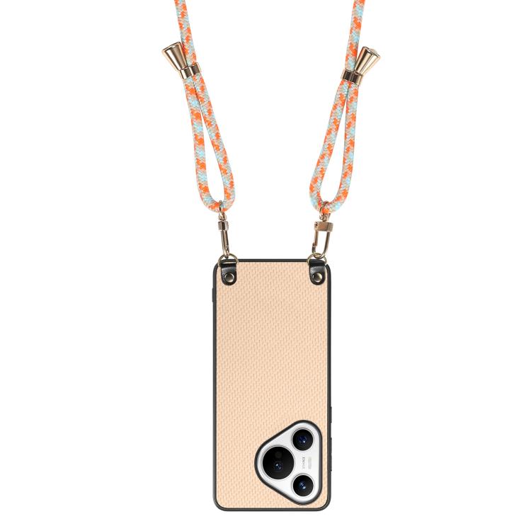 Funda de Cuero con Textura de Fibra de Carbono para Huawei Pura 70 con Correa Cruzada (Caqui)