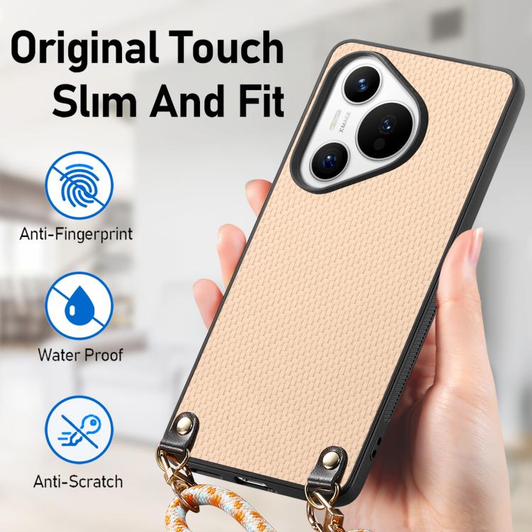 Funda de Cuero con Textura de Fibra de Carbono para Huawei Pura 70 con Correa Cruzada (Caqui)