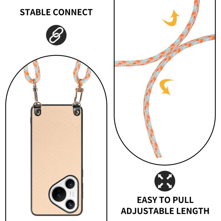 Funda de Cuero con Textura de Fibra de Carbono para Huawei Pura 70 con Correa Cruzada (Caqui)