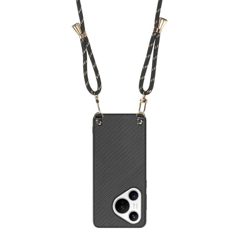 Funda de Cuero con Textura de Fibra de Carbono para Huawei Pura 70 Pro con Correa Cruzada (Negro)