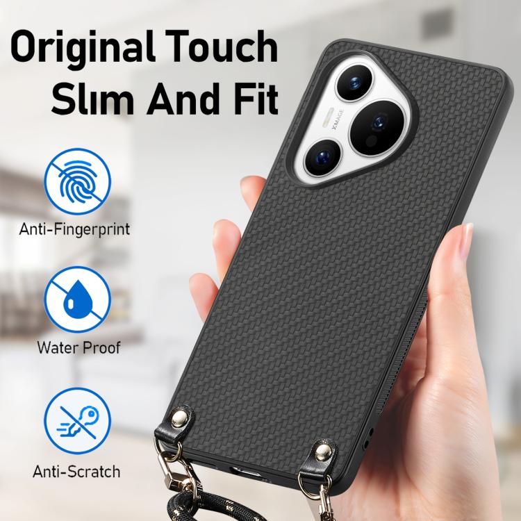 Funda de Cuero con Textura de Fibra de Carbono para Huawei Pura 70 Pro con Correa Cruzada (Negro)
