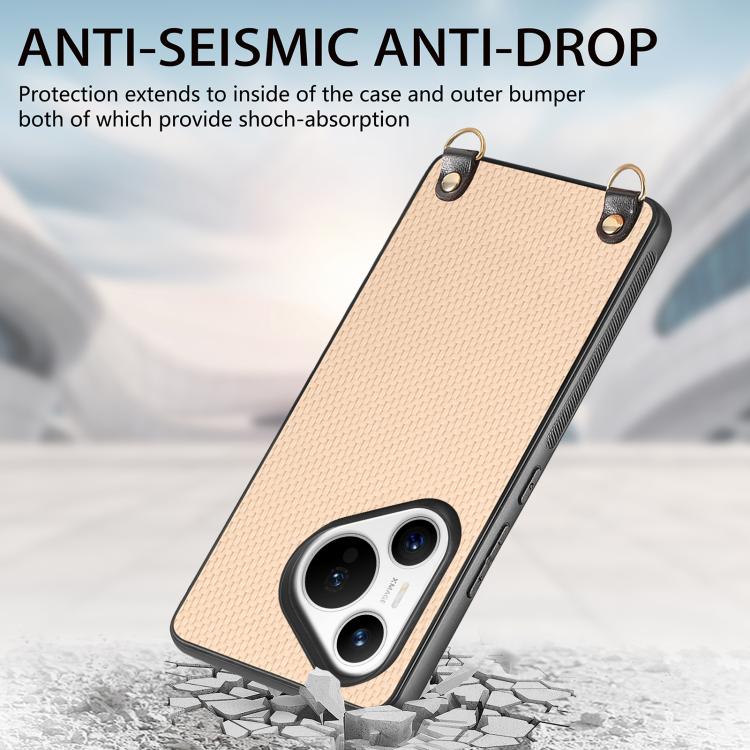 Funda de Cuero con Textura de Fibra de Carbono para Huawei Pura 70 Pro con Correa Cruzada (Caqui)