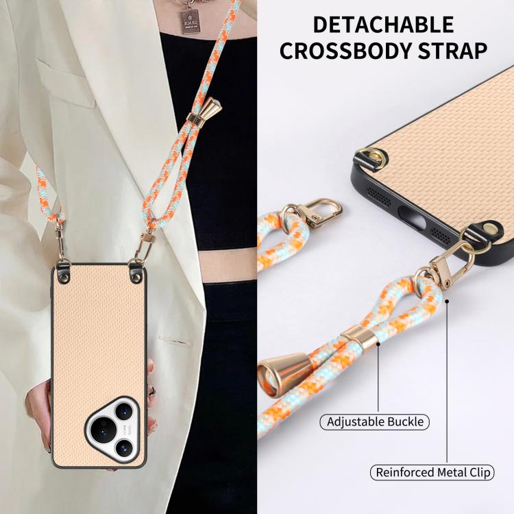 Funda de Cuero con Textura de Fibra de Carbono para Huawei Pura 70 Pro con Correa Cruzada (Caqui)