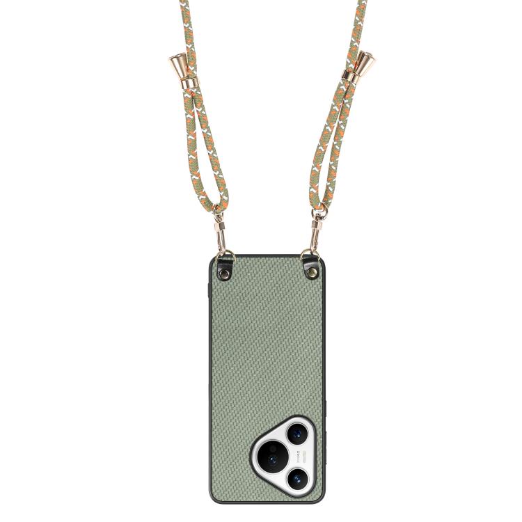 Funda de Cuero con Textura de Fibra de Carbono para Huawei Pura 70 Pro+ con Correa Cruzada (Verde)
