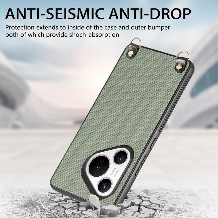 Funda de Cuero con Textura de Fibra de Carbono para Huawei Pura 70 Pro+ con Correa Cruzada (Verde)