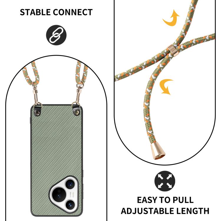 Funda de Cuero con Textura de Fibra de Carbono para Huawei Pura 70 Pro+ con Correa Cruzada (Verde)