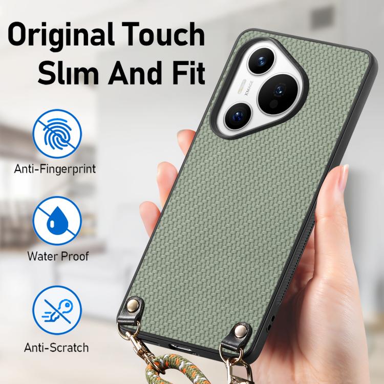Funda de Cuero Huawei Pura 70 Ultra con Textura Fibra de Carbono y Correa Cruzada (Verde)