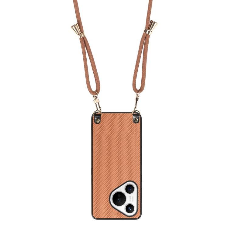 Funda Trasera de Cuero con Textura de Fibra de Carbono para Huawei Pura 70 Ultra con Correa Cruzada (Marrón)