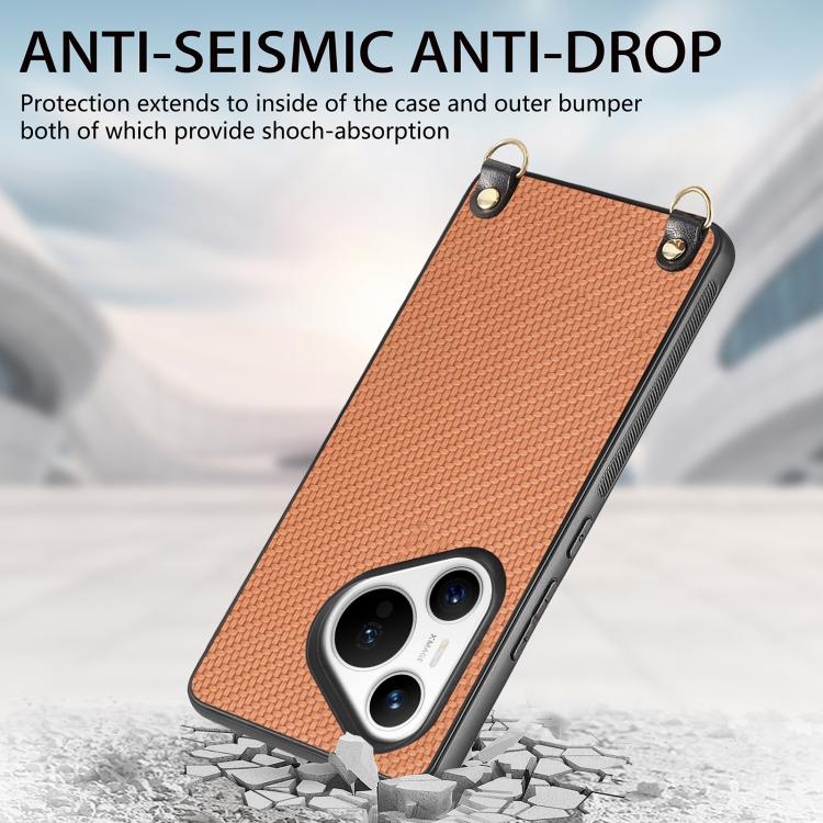 Funda Trasera de Cuero con Textura de Fibra de Carbono para Huawei Pura 70 Ultra con Correa Cruzada (Marrón)