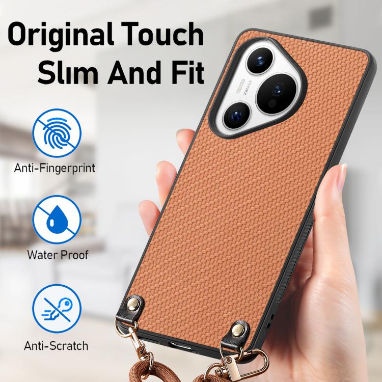 Funda Trasera de Cuero con Textura de Fibra de Carbono para Huawei Pura 70 Ultra con Correa Cruzada (Marrón)