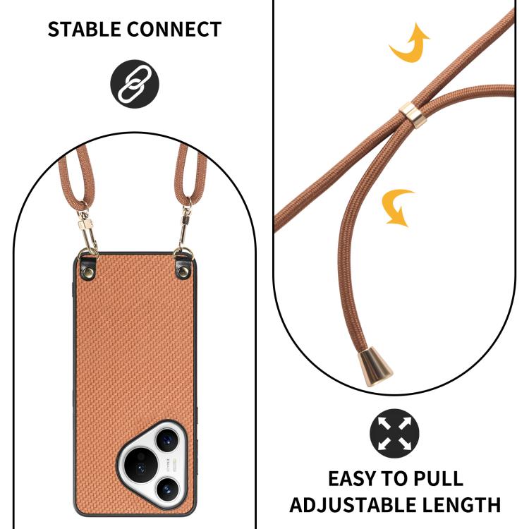 Funda Trasera de Cuero con Textura de Fibra de Carbono para Huawei Pura 70 Ultra con Correa Cruzada (Marrón)