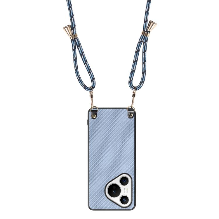 Funda de Cuero con Textura de Fibra de Carbono para Huawei Pura 70 Ultra con Correa Cruzada (Azul)