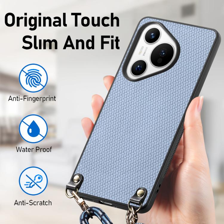 Funda de Cuero con Textura de Fibra de Carbono para Huawei Pura 70 Ultra con Correa Cruzada (Azul)