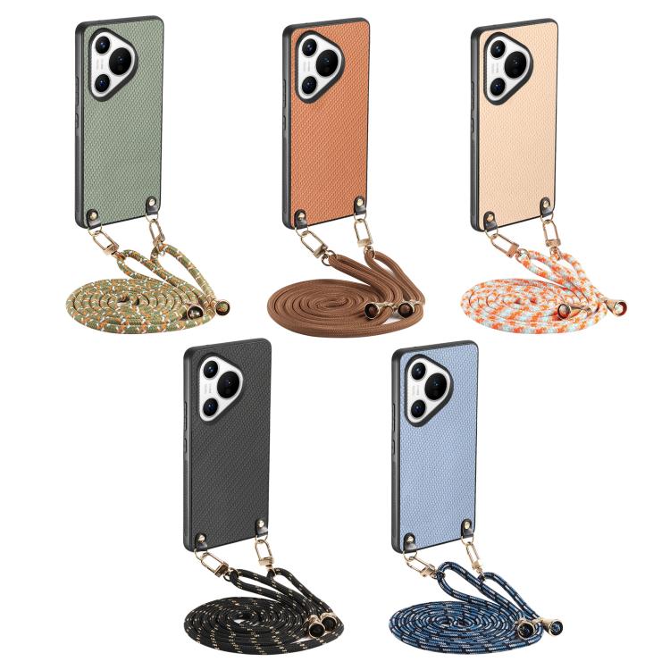 Funda de Cuero con Textura de Fibra de Carbono para Huawei Pura 70 con Correa Cruzada (Caqui)