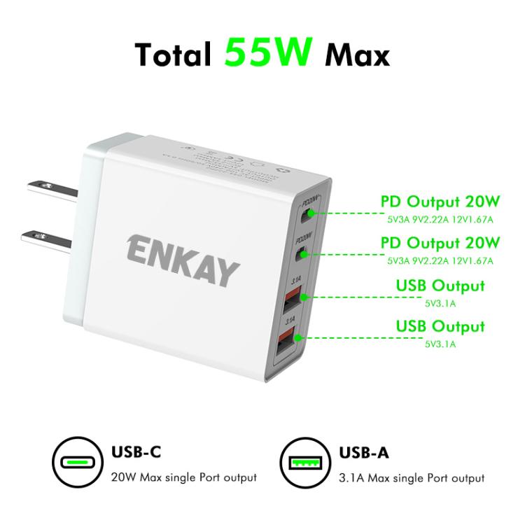 Cargador rápido Enkay FC-002 55 W con 2 puertos USB-A y 2 puertos USB-C (Enchufe Estadounidense)