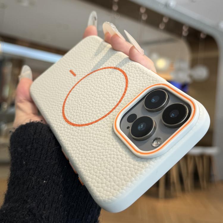 Funda TPU iPhone 14 Pro diseño grano de Lichi anillo Magsafe (Blanca)