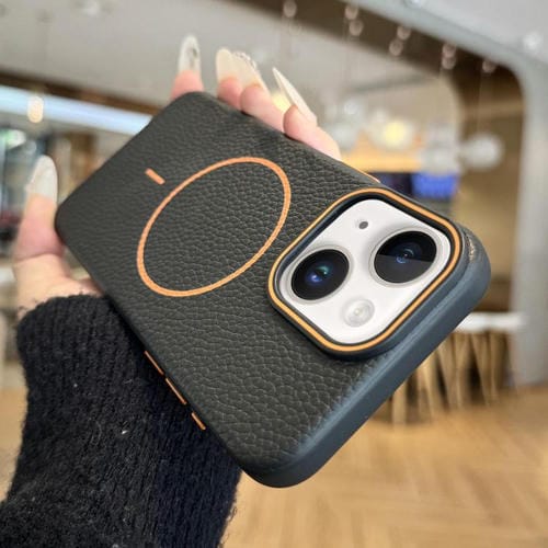Funda TPU con Diseño de Grano de Lichi y Anillo Magsafe para iPhone 14 Plus (Negra)