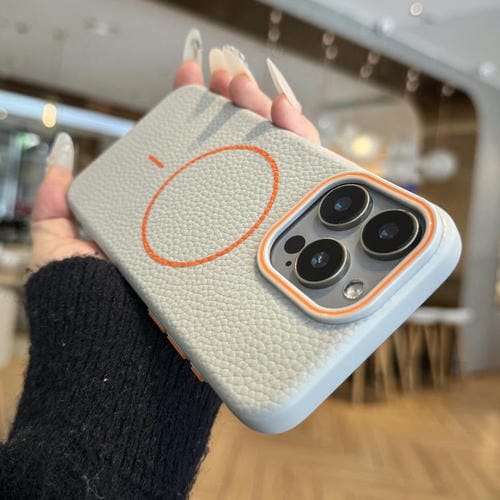 Funda TPU iPhone 16 Pro con Diseño Grano de Lichi y Anillo Magsafe (Gris)