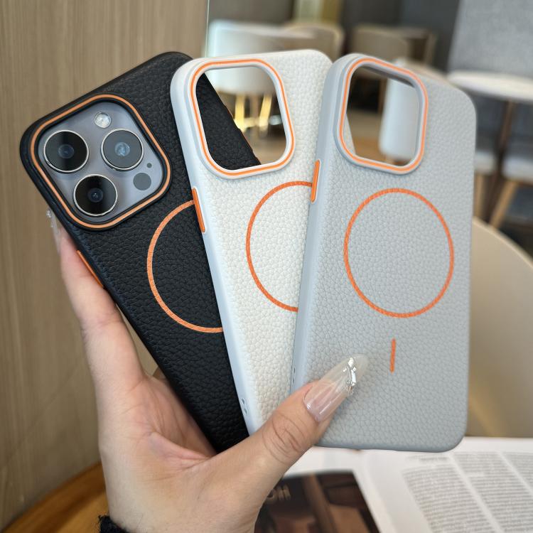 Funda TPU iPhone 14 Diseño Grano de Lichi Anillo Naranja Magsafe (Gris)