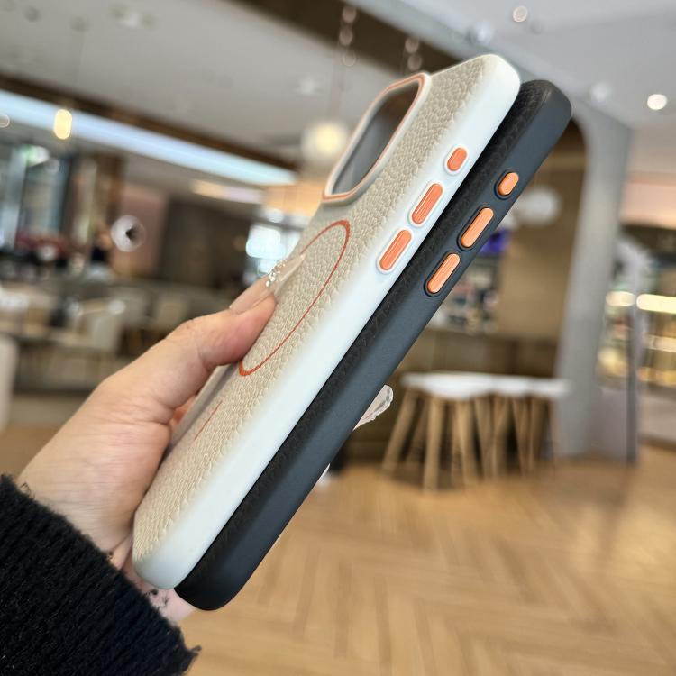 Funda TPU iPhone 14 Diseño Grano de Lichi Anillo Naranja Magsafe (Gris)