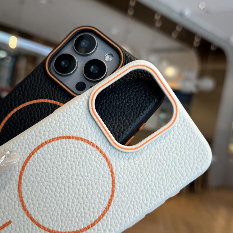 Funda TPU iPhone 14 Diseño Grano de Lichi Anillo Naranja Magsafe (Gris)