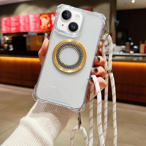 Funda para Teléfono TPU iPhone 14 Plus Traveler Crossbody con Cuatro Esquinas y Cordón (Blanca)