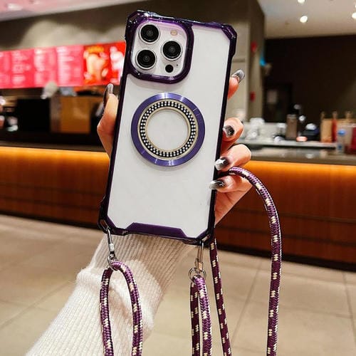 Funda para Teléfono TPU iPhone 14 Pro Traveler Crossbody con Cuatro Esquinas y Cordón (Morado)