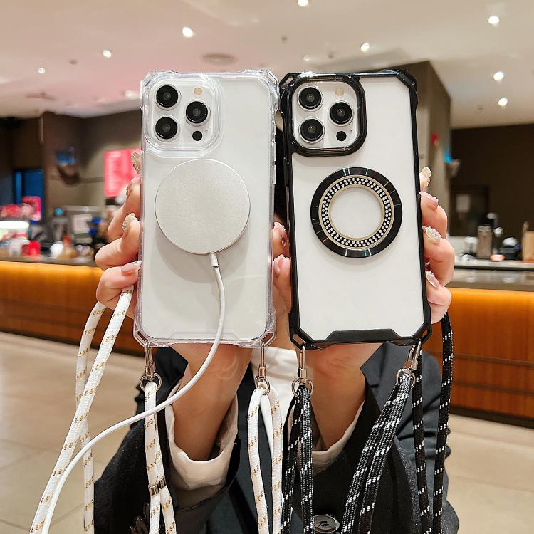 Funda para Teléfono TPU iPhone 12 Traveler Crossbody con Cordón y Cuatro Esquinas (Negro)